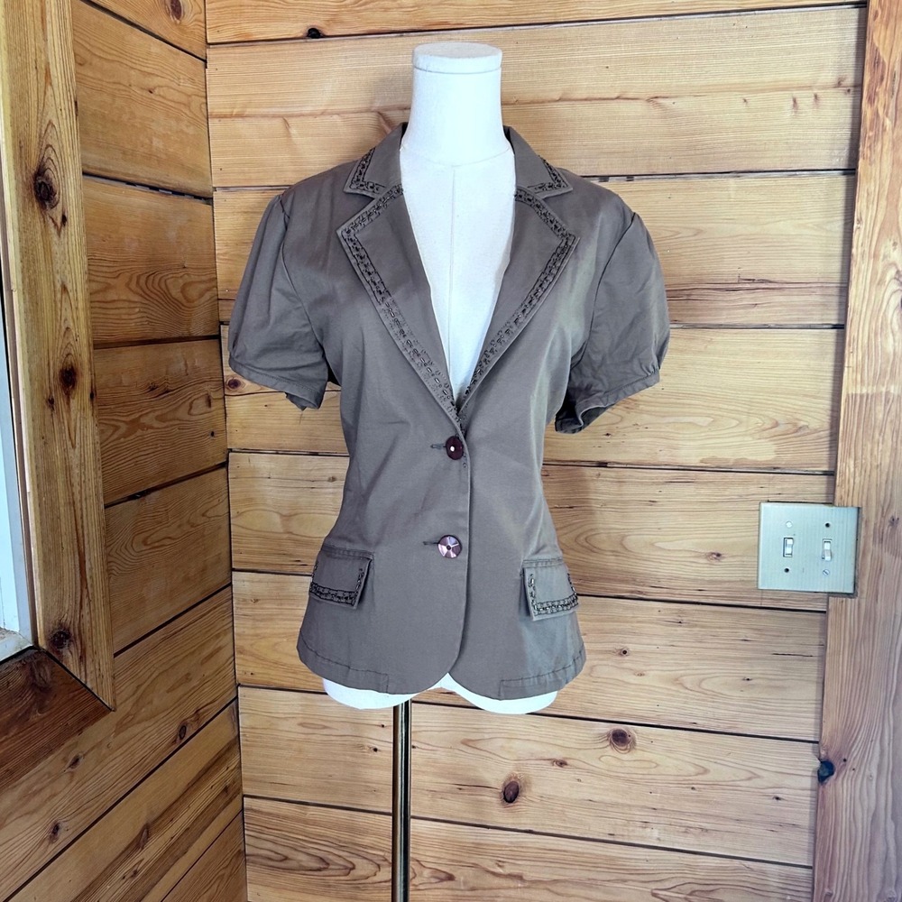 Beaded Blazer Short Puff Sleeve Women Large Taupe Khaki Cotton Effeti Moda Offic